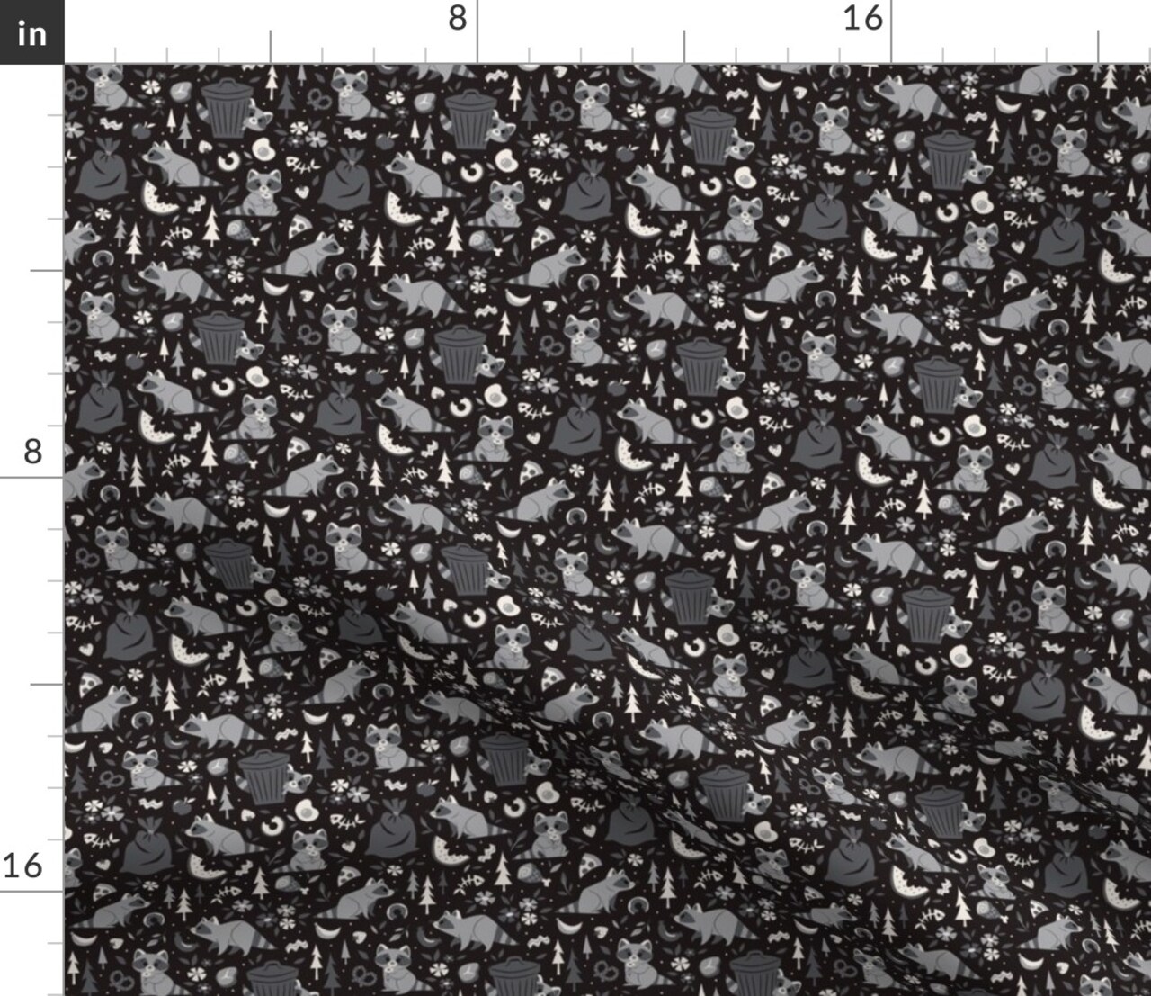 Trash Can Raccoons Small Black White Gray Nocturnal Bandit Food Raccoon Custom Printed Fabric by Spoonflower Various Fabrics by the Yard or Fat Quarter